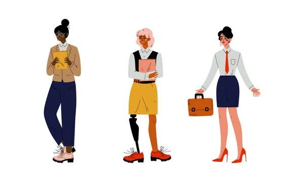 Geschäftsfrau Unternehmerin Charakter oder Büroangestellte verschiedener Ethnizität und Alter Vektor Set — Stockvektor