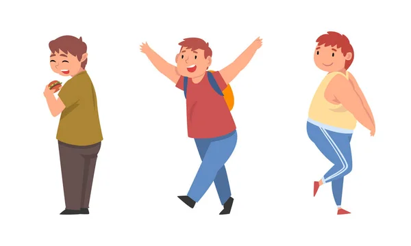 Χαρούμενο αγόρι με υπέρβαρο και σωματικό λίπος τρώγοντας χάμπουργκερ και περπατώντας με σακίδιο Vector Set — Διανυσματικό Αρχείο