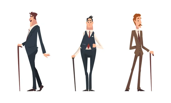 Victorian Tall Man Gentleman in Elegant Suit with Cane Having Respectful Manner Standing Vector Set — Stock Vector