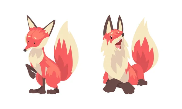 Fox Animal with Upright Ears, Pointed Snout and Long Bushy Tail in Different Poses Vector Set - Stok Vektor