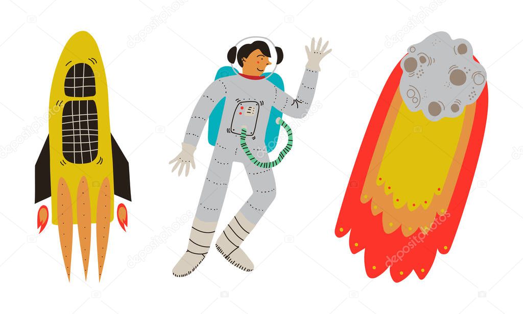 Rocket and Man Astronaut as Cosmos and Universe Exploration Vector Set