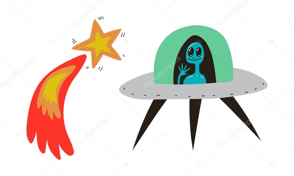 Flying Comet and Unidentified Flying Object with Alien as Cosmos and Universe Exploration Vector Set