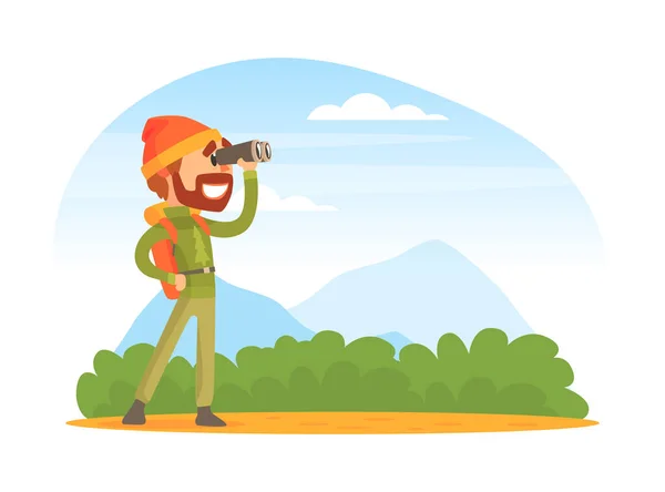 Uomo barbuto Carattere turistico con binocolo e zaino Escursioni e Trekking Vector Illustrazione — Vettoriale Stock