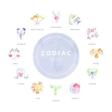 Zodiac İşareti ve Sembolleri Astrolojik Suluboya Vektör Şablonu