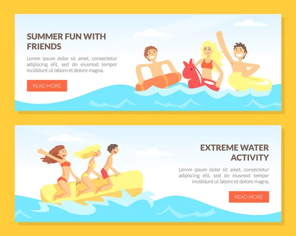 Water Activity with People Character Having Fun Enjoying Summer Vacation Vector Template — Stock Vector