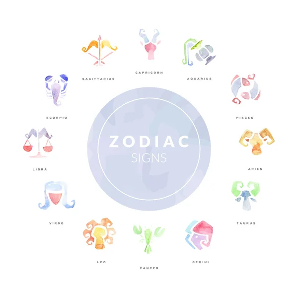 Zodiac tecken och symboler astrologiska akvarell vektor mall — Stock vektor