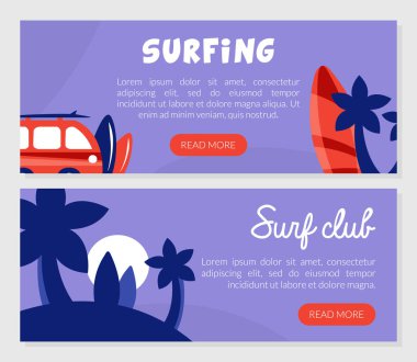 Sörf tahtası ve avuç içi vektörü Web Sancak Şablonu ile Sörf Kulübü