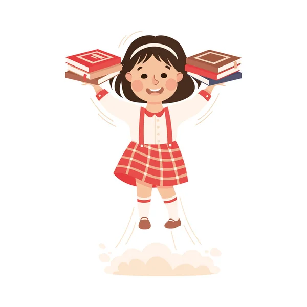 Superhero Little Girl at School Flying Forward with Books Achieving Goal and Gaining Knowledge Vector Illustration — Stock Vector