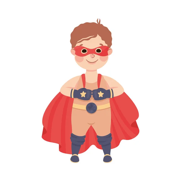 Malý chlapec v kostýmu superhrdiny předstírající, že má moc bojovat proti zločinu vektorové ilustrace — Stockový vektor