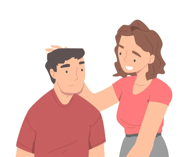 Personaje de la Mujer Apoyando a Amigo del Hombre Animando Animando y Elevando Su Espíritu Vector Ilustración — Archivo Imágenes Vectoriales