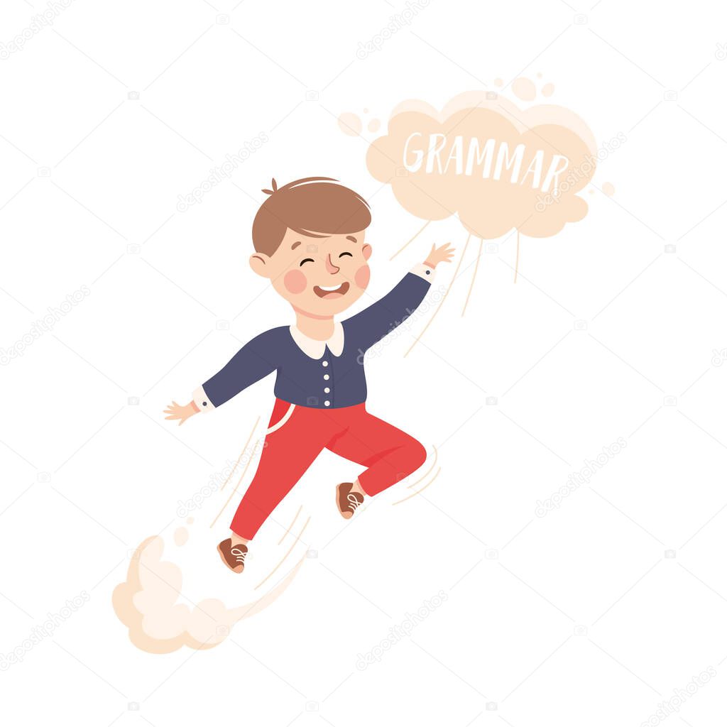 Superhero Little Boy at School Flying Up Achieving Goal and Gaining Knowledge Vector Illustration