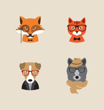 Hipster hayvanlar vektör simgeler kümesi. Fox, kedi, köpek, ayı
