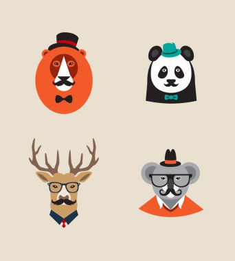 Hipster hayvanlar vektör simgeler kümesi. Aslan, panda, geyik, koala