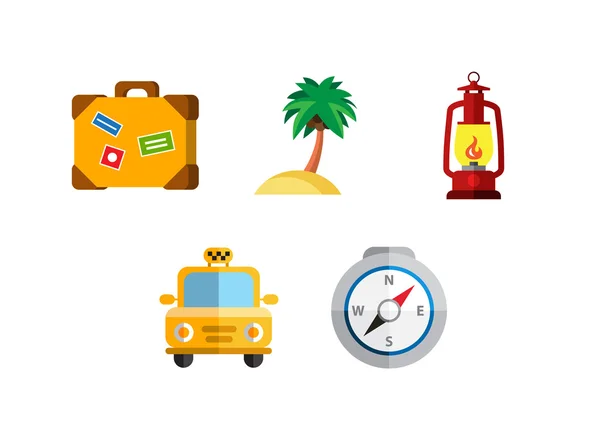 Platt ikoner set med långa skuggeffekt av resande på flygplan, planerar en semester, turism och resa objekt och passagerarbagage. — Stock vektor