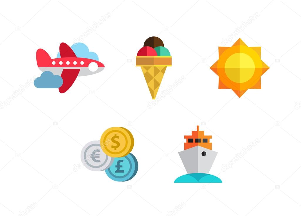 Flat icons set with long shadow effect of traveling on airplane, planning a summer vacation, tourism and journey objects and passenger luggage.