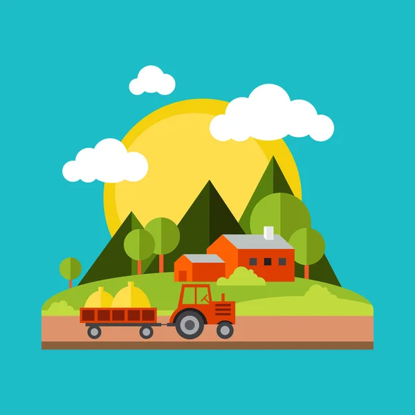 Kleur vector platte illustraties dorp landschappen. Natuur, bergen, vakantie, zon, bomen, huis, veld — Stockvector