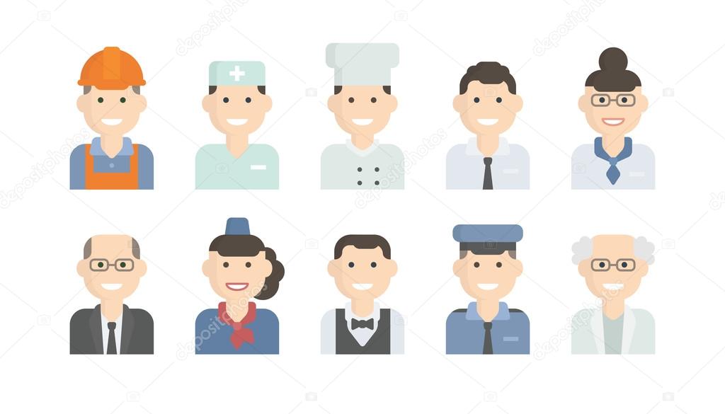 Set Flat Icons with Man of Different Professions. Builder, nurse, doctor, manager, hostess, waiter, scientist, teacher, police officer