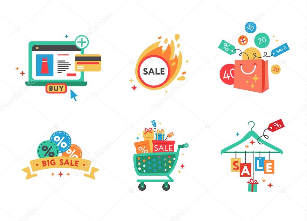 Collection of shopping carts full of shopping bags and gift boxes. Concept of discount. Vector.