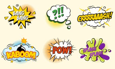 Vektör çizim boom poof metin ayarla komik konuşma balonları pop sanat tarzı bomba karikatür patlama splach powl ile dişlemek