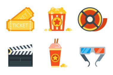 Düz simgeler dizi profesyonel film yapım, film çekim, stüdyo showreel, aktör döküm, yazma, görsel efektleri, post prodüksiyon storyboard. Düz tasarım modern vektör illüstrasyon kavramı.