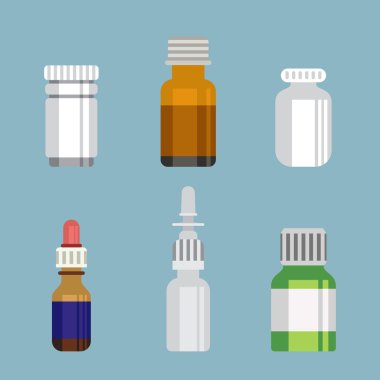 Düz stil tıbbi ilaç şişeleri gözlük kapsayıcılar ölçekler Icon set. Tıp eczane koleksiyonu.