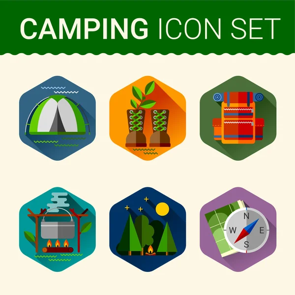 向量设置的可爱露营的各种图标 — 图库矢量图片
