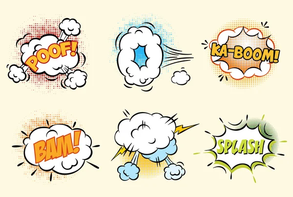 Комические пузырьки речи в стиле поп-арт с бомбой взрыв мультфильма всплеск порошок щелчок бум пуф текста набор векторных иллюстраций — стоковый вектор