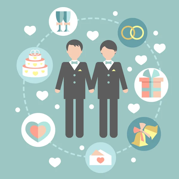 Happy gay couple in wedding attire and casual clothes — Stock Vector