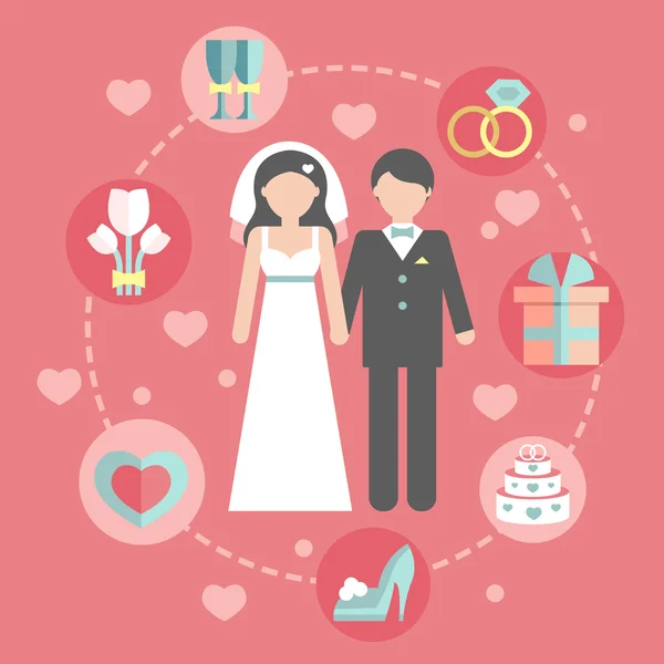 Infografica di nozze insieme con Cartoon Bride e groom.Wedding giorno costa statistiche di progettazione template.Vector concetti di business con icone piatte per il business report o piano — Vettoriale Stock