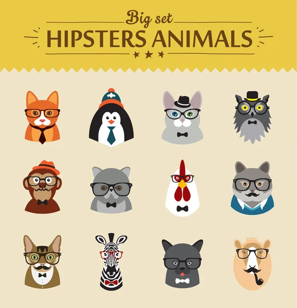 Cute fashion Hipster Animals  of vector icons — Stock Vector