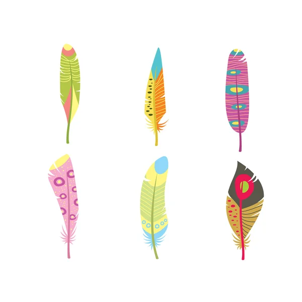 Conjunto de penas coloridas vetoriais. Penas de pássaros pintadas em padrões coloridos — Vetor de Stock