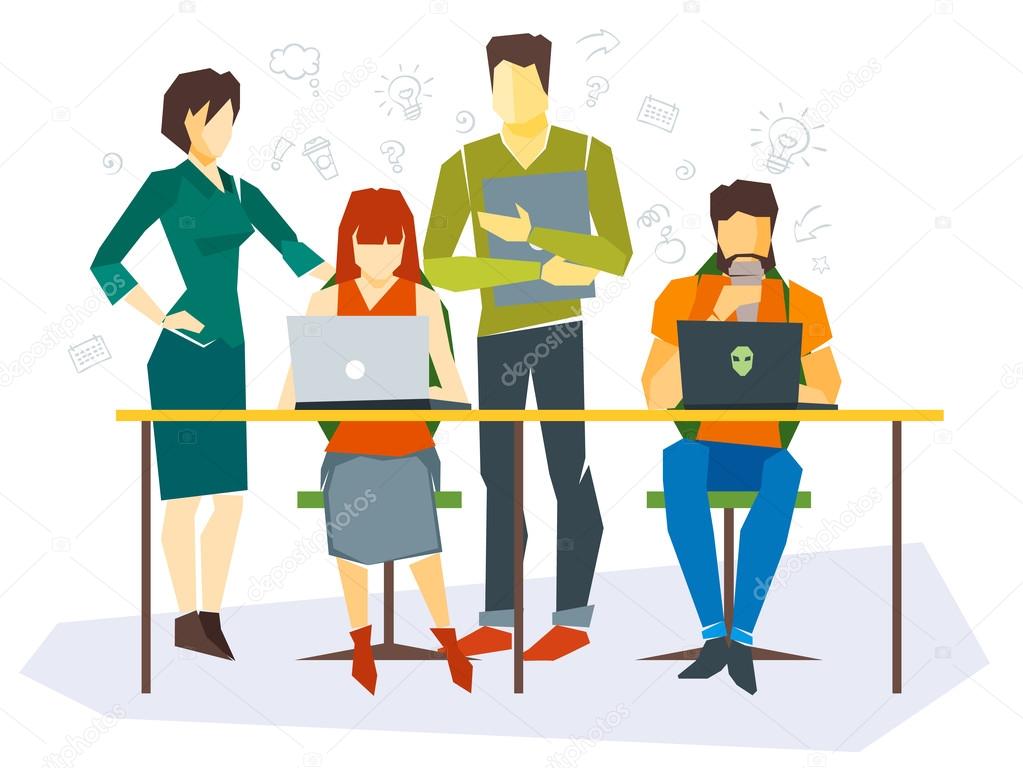 Office workers flat set with business process, success, team, meeting isolated vector illustration.