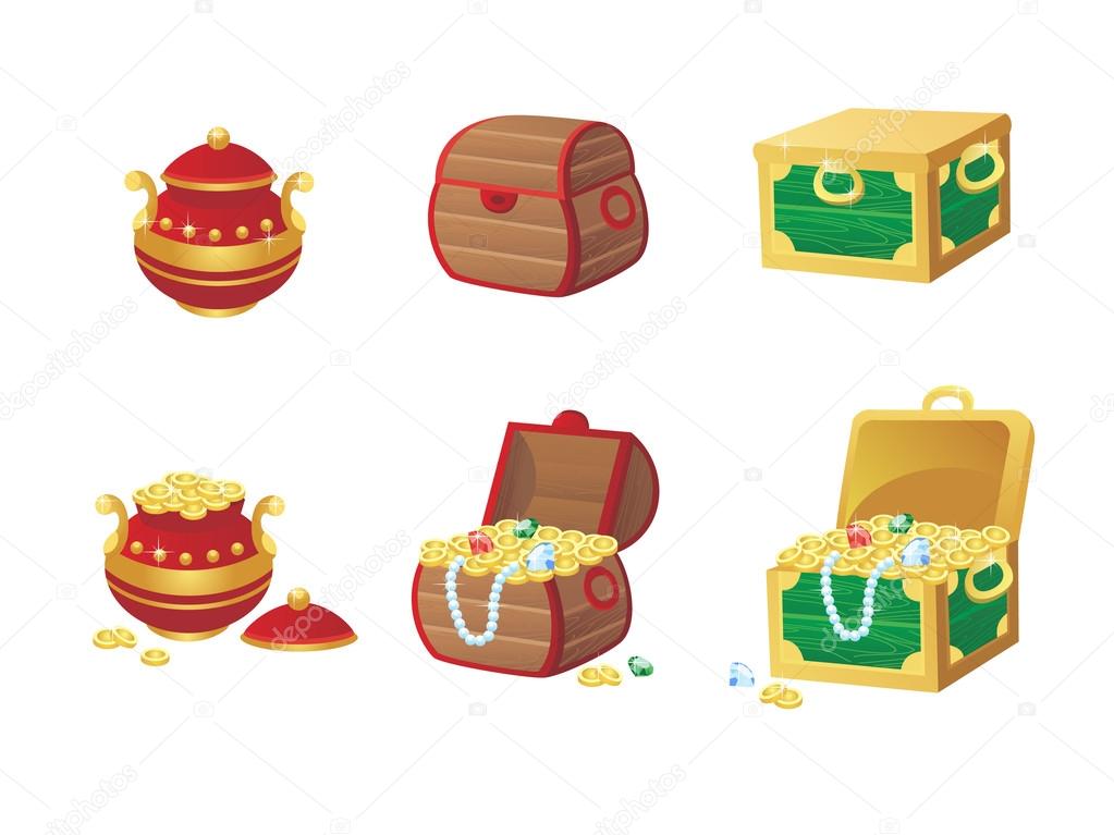 vector illustration of treasure chest full of gold coins and gems