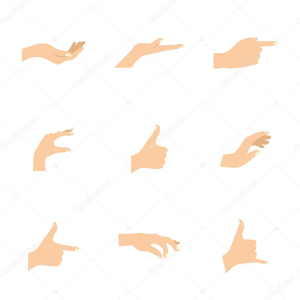 Vector illustrations set of woman hands in various gestures.