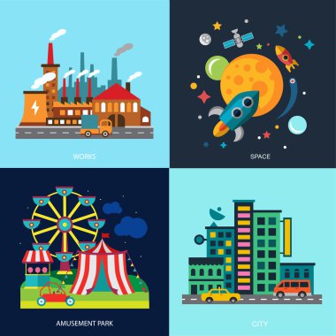 Çeşitli cityscapes renkli evleri, eğlence parkı, gece gökdelenler, fabrika alanı. Vektör