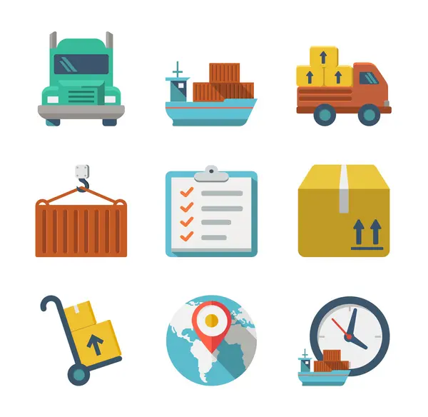 Levering persoon vracht logistieke business industrie pictogrammen platte instellen geïsoleerde vector illustratie. — Stockvector