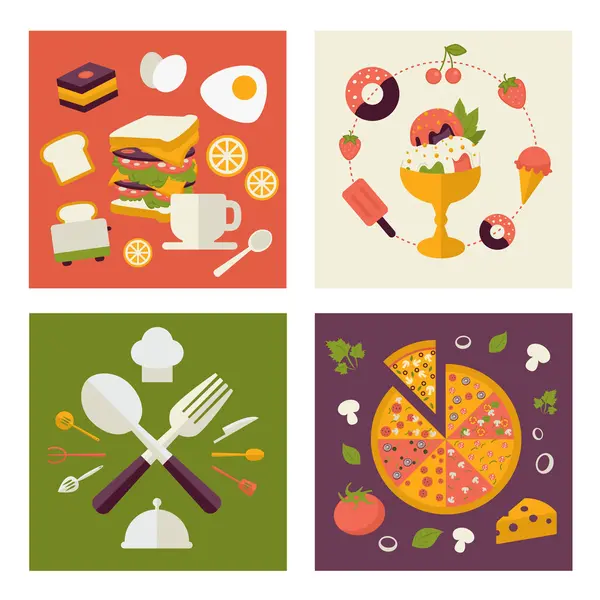 Кольоровий свіжий здоровий дизайн плоскої їжі з фруктами, овочами, веганами та концепціями приготування — стоковий вектор