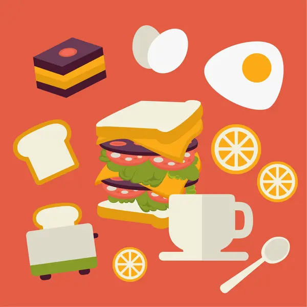 Vector icons set with fresh breakfast food and drinks in flat style — Stock Vector