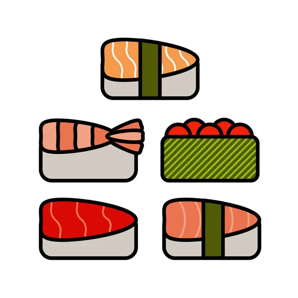 Asia icono de comida conjunto con rollos de sushi sashimi fideos miso aislado vector ilustración — Vector de stock