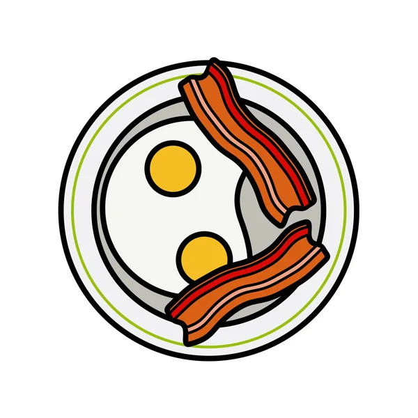 Huevos y tocino. Cuatro deliciosos huevos fritos y rodajas de tocino crujiente — Vector de stock