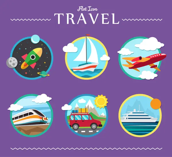 Seyahat, planlama bir yaz tatili, turizm ve seyahat nesneleri, otostop ve yolcu Bagaj düz tasarım simgeler kümesi. seyahat farklı türleri. iş seyahat kavramı — Stok Vektör
