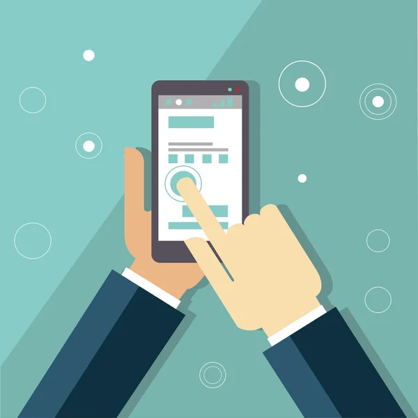 Smartphone apps infographics met een hand met een telefoon met circulaire pictogrammen om te winkelen cloud computing mail wifi zoeken en route finder — Stockvector