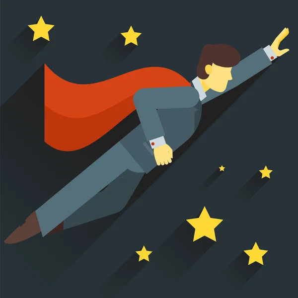 Cartoon zakenman Super held met een rode cape achter hem en een gelukkig vliegen smile, platte illustratie vector — Stockvector