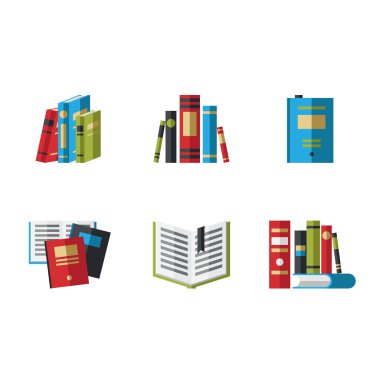 Düz tasarım tarzında kitap simgeleri kümesi.