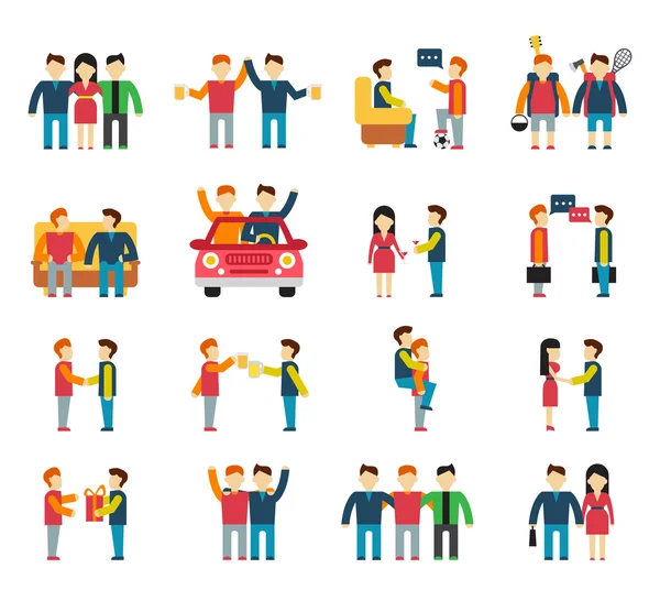 Amici e rapporto amichevole social team piatto icona insieme isolato vettoriale illustrazione — Vettoriale Stock