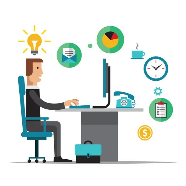 Flat  design vector illustration of office workplace. Business man working at computer. Cartoon character — Stock Vector