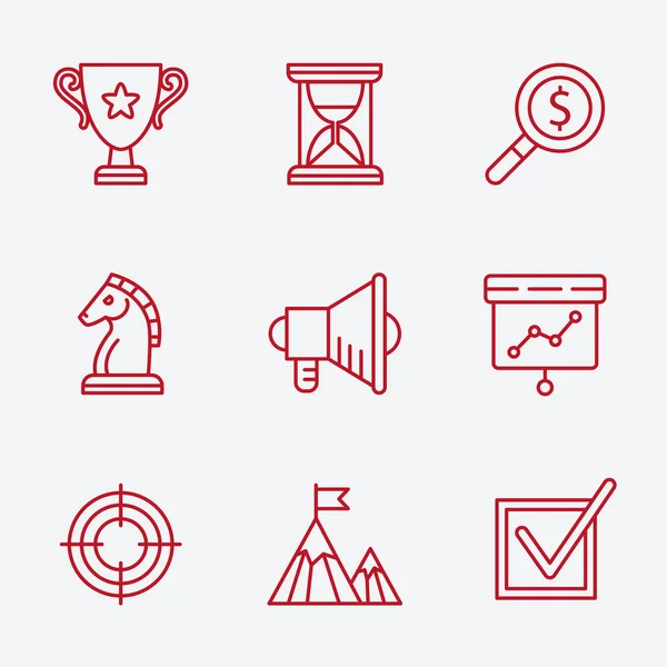 Conjunto de iconos de línea plana de desarrollo de planificación de pequeñas empresas, elementos clave de inicio, solución de estrategia, investigación de mercado, identidad de marca y visión de empresa. Ilustración vectorial de diseño moderno — Archivo Imágenes Vectoriales