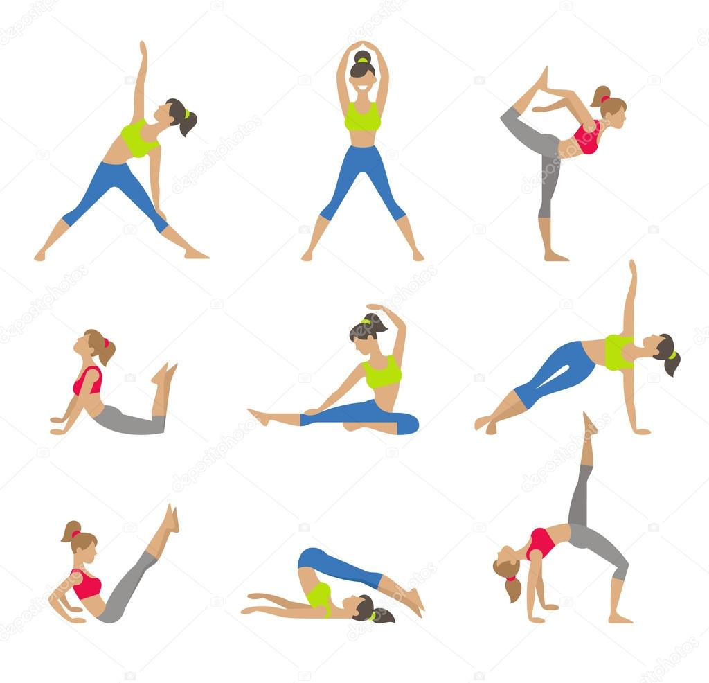 Vector yoga illustration. Surya Namaskara. Yoga set. Yoga exercises. Women yoga. Yoga class, yoga center, yoga studio. Yoga poster. Sketch with yoga asana. Girl does yoga exercises. Healthy lifestyle.