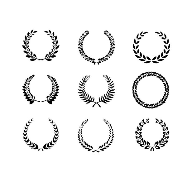 Set of black and white silhouette circular laurel  foliate and wheat wreaths depicting an award  achievement  heraldry  nobility and the classics  vector illustration