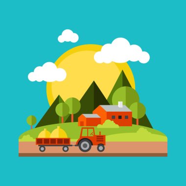 Color vector flat illustrations village landscapes. Nature, mountains, vacation, sun, trees, house, field